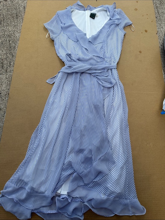 Gabby Skye Dresses & Skirts - Gabby Skye Light Blue and White Striped Wrap Midi Dress